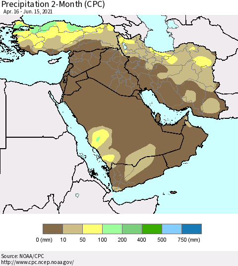 Middle East and Turkey Precipitation 2-Month (CPC) Thematic Map For 4/16/2021 - 6/15/2021