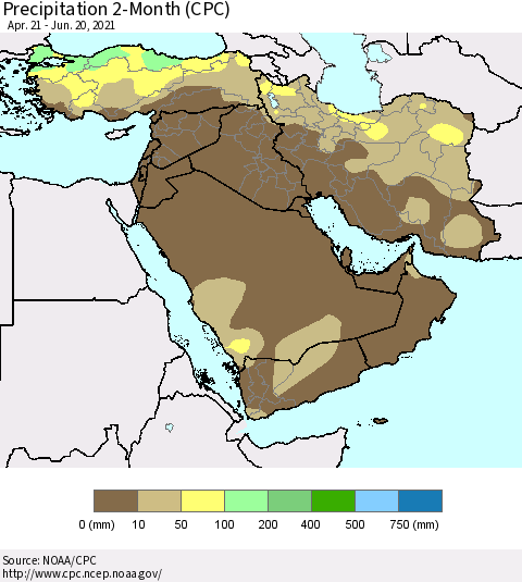 Middle East and Turkey Precipitation 2-Month (CPC) Thematic Map For 4/21/2021 - 6/20/2021