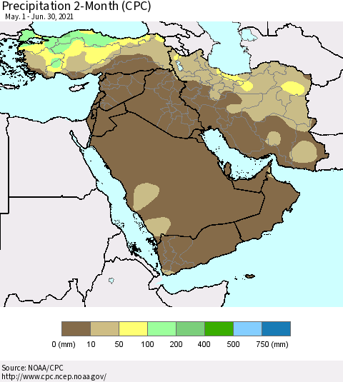 Middle East and Turkey Precipitation 2-Month (CPC) Thematic Map For 5/1/2021 - 6/30/2021