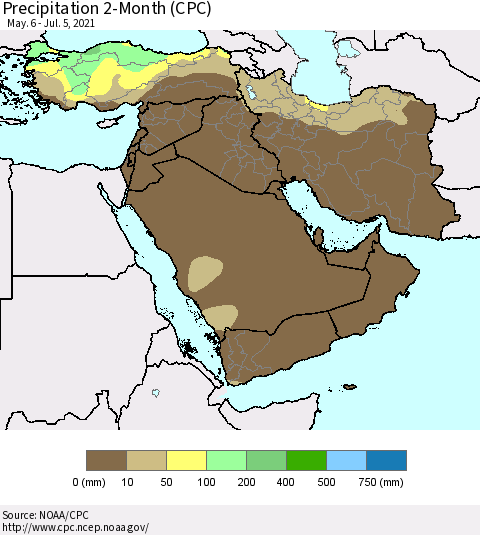 Middle East and Turkey Precipitation 2-Month (CPC) Thematic Map For 5/6/2021 - 7/5/2021