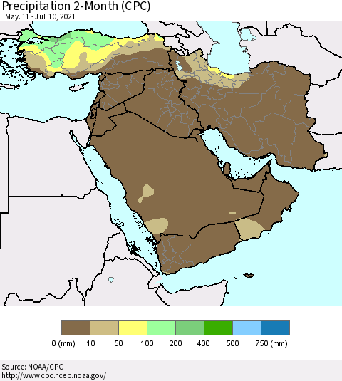 Middle East and Turkey Precipitation 2-Month (CPC) Thematic Map For 5/11/2021 - 7/10/2021