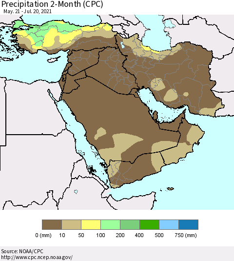 Middle East and Turkey Precipitation 2-Month (CPC) Thematic Map For 5/21/2021 - 7/20/2021