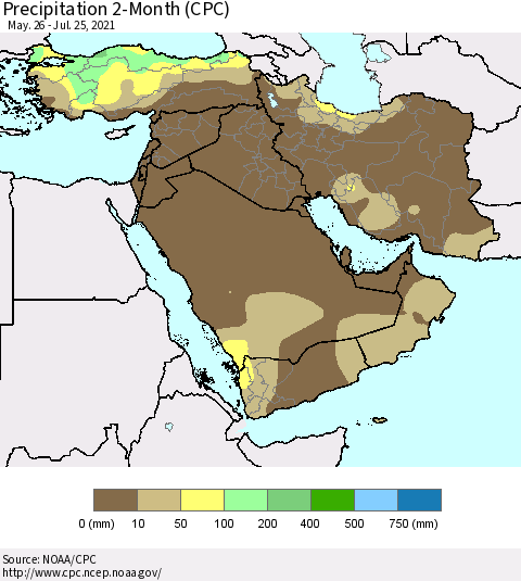 Middle East and Turkey Precipitation 2-Month (CPC) Thematic Map For 5/26/2021 - 7/25/2021