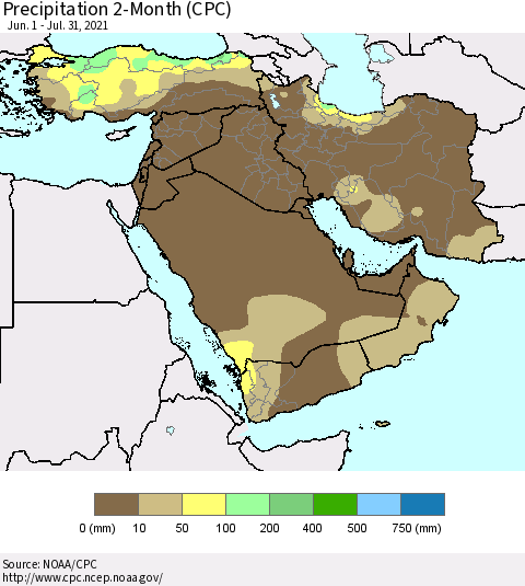 Middle East and Turkey Precipitation 2-Month (CPC) Thematic Map For 6/1/2021 - 7/31/2021