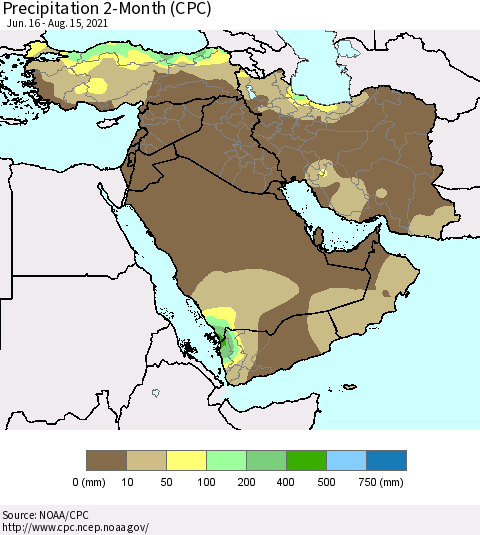 Middle East and Turkey Precipitation 2-Month (CPC) Thematic Map For 6/16/2021 - 8/15/2021
