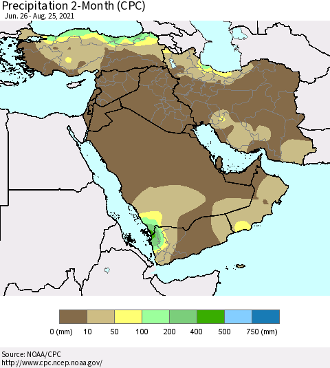 Middle East and Turkey Precipitation 2-Month (CPC) Thematic Map For 6/26/2021 - 8/25/2021