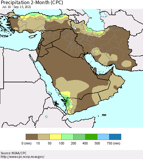 Middle East and Turkey Precipitation 2-Month (CPC) Thematic Map For 7/16/2021 - 9/15/2021