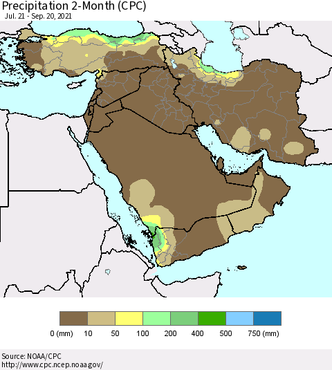 Middle East and Turkey Precipitation 2-Month (CPC) Thematic Map For 7/21/2021 - 9/20/2021