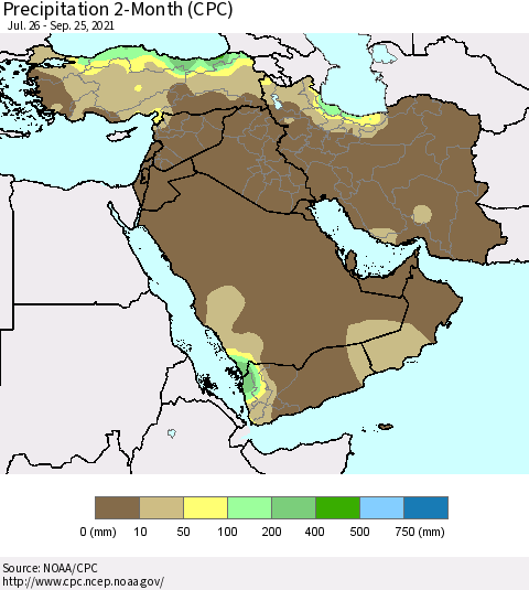 Middle East and Turkey Precipitation 2-Month (CPC) Thematic Map For 7/26/2021 - 9/25/2021