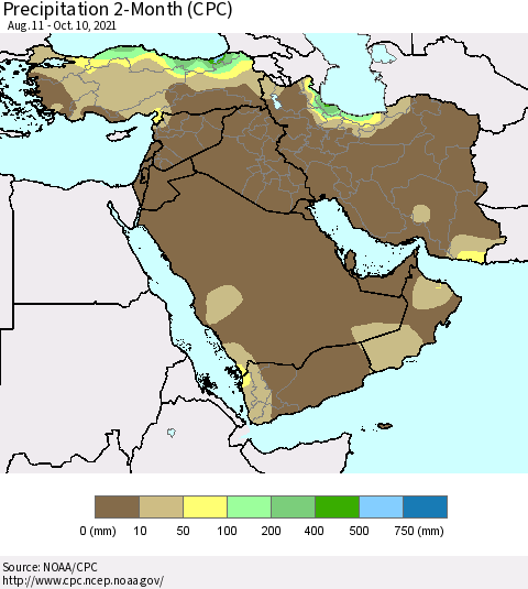 Middle East and Turkey Precipitation 2-Month (CPC) Thematic Map For 8/11/2021 - 10/10/2021