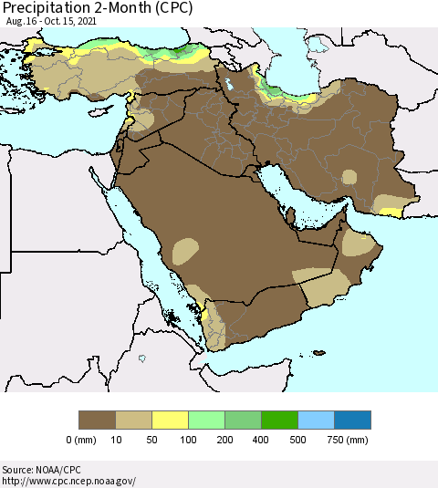 Middle East and Turkey Precipitation 2-Month (CPC) Thematic Map For 8/16/2021 - 10/15/2021