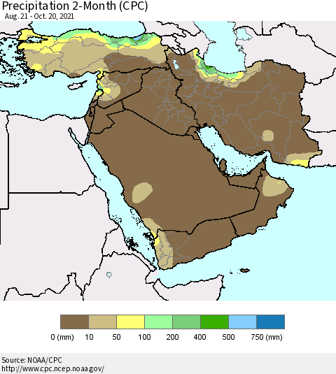 Middle East and Turkey Precipitation 2-Month (CPC) Thematic Map For 8/21/2021 - 10/20/2021