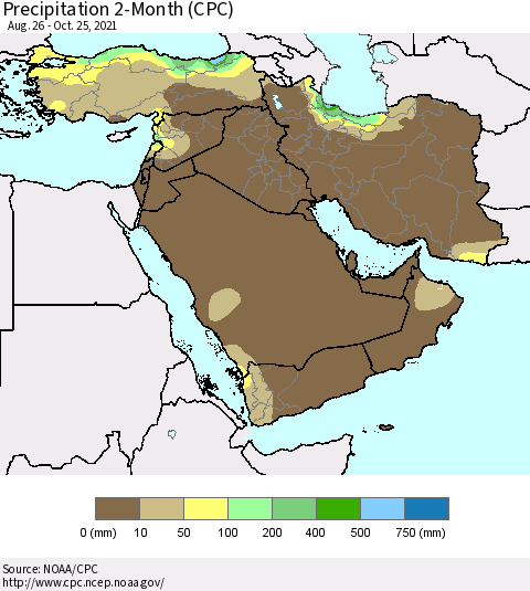 Middle East and Turkey Precipitation 2-Month (CPC) Thematic Map For 8/26/2021 - 10/25/2021