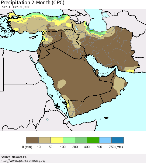 Middle East and Turkey Precipitation 2-Month (CPC) Thematic Map For 9/1/2021 - 10/31/2021
