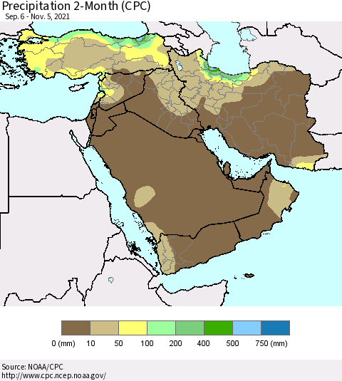 Middle East and Turkey Precipitation 2-Month (CPC) Thematic Map For 9/6/2021 - 11/5/2021
