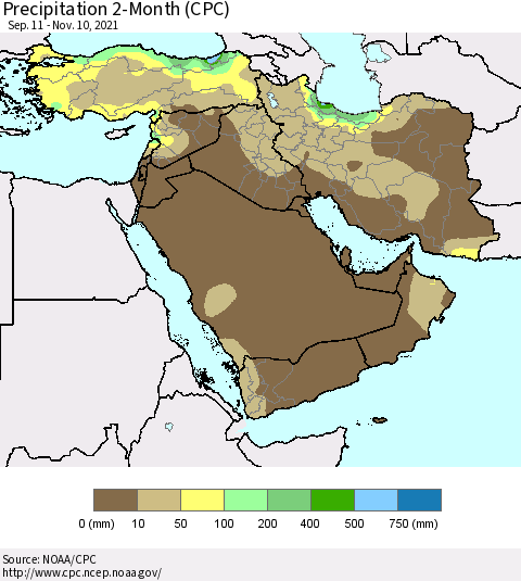 Middle East and Turkey Precipitation 2-Month (CPC) Thematic Map For 9/11/2021 - 11/10/2021