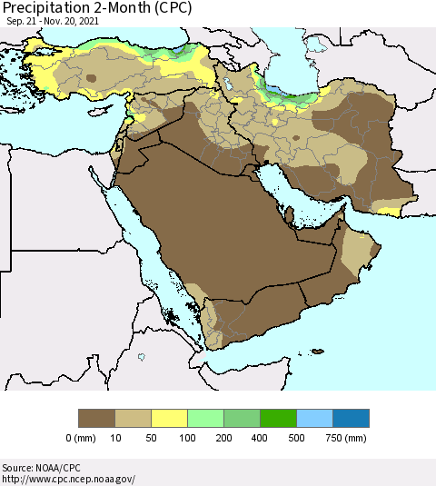 Middle East and Turkey Precipitation 2-Month (CPC) Thematic Map For 9/21/2021 - 11/20/2021