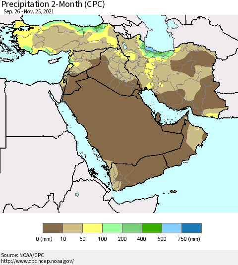 Middle East and Turkey Precipitation 2-Month (CPC) Thematic Map For 9/26/2021 - 11/25/2021