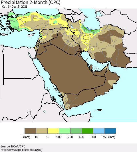 Middle East and Turkey Precipitation 2-Month (CPC) Thematic Map For 10/6/2021 - 12/5/2021
