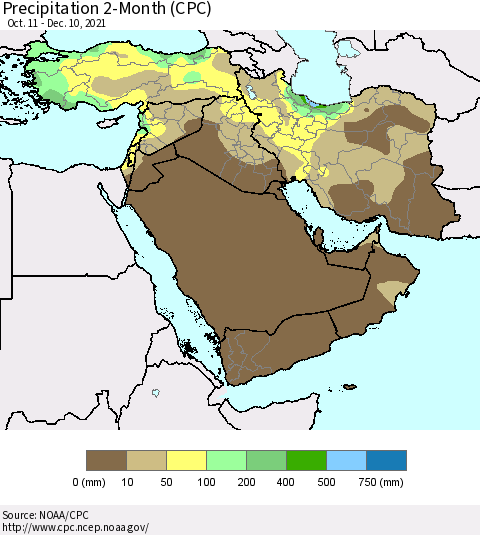 Middle East and Turkey Precipitation 2-Month (CPC) Thematic Map For 10/11/2021 - 12/10/2021
