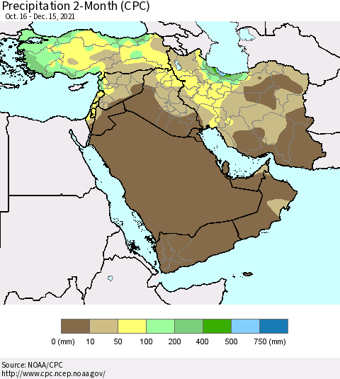 Middle East and Turkey Precipitation 2-Month (CPC) Thematic Map For 10/16/2021 - 12/15/2021