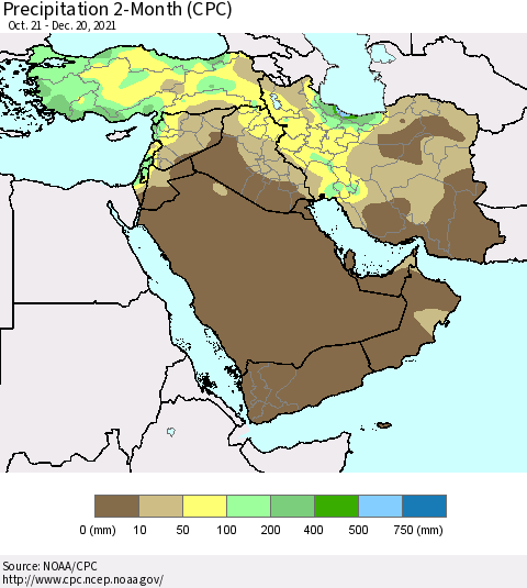 Middle East and Turkey Precipitation 2-Month (CPC) Thematic Map For 10/21/2021 - 12/20/2021