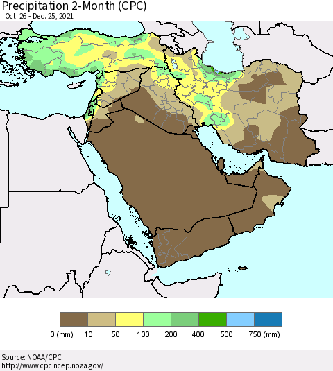 Middle East and Turkey Precipitation 2-Month (CPC) Thematic Map For 10/26/2021 - 12/25/2021