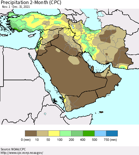 Middle East and Turkey Precipitation 2-Month (CPC) Thematic Map For 11/1/2021 - 12/31/2021