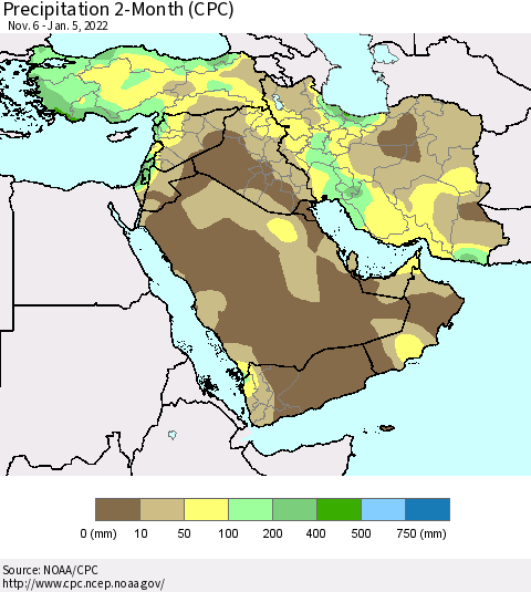 Middle East and Turkey Precipitation 2-Month (CPC) Thematic Map For 11/6/2021 - 1/5/2022