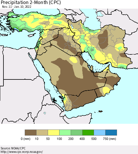 Middle East and Turkey Precipitation 2-Month (CPC) Thematic Map For 11/11/2021 - 1/10/2022