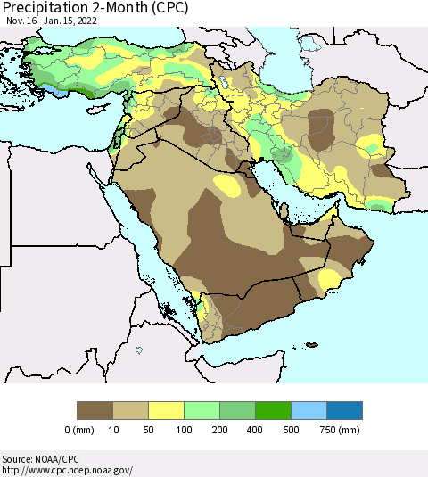 Middle East and Turkey Precipitation 2-Month (CPC) Thematic Map For 11/16/2021 - 1/15/2022
