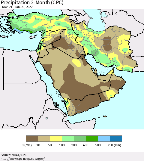 Middle East and Turkey Precipitation 2-Month (CPC) Thematic Map For 11/21/2021 - 1/20/2022
