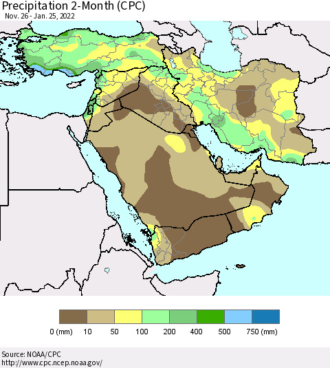 Middle East and Turkey Precipitation 2-Month (CPC) Thematic Map For 11/26/2021 - 1/25/2022