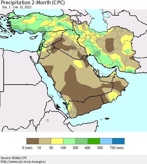 Middle East and Turkey Precipitation 2-Month (CPC) Thematic Map For 12/1/2021 - 1/31/2022