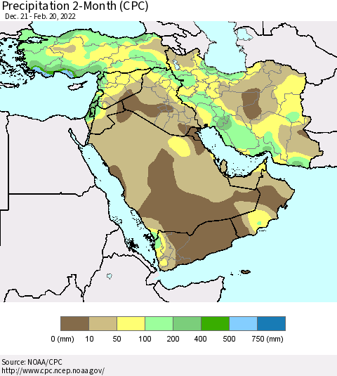 Middle East and Turkey Precipitation 2-Month (CPC) Thematic Map For 12/21/2021 - 2/20/2022