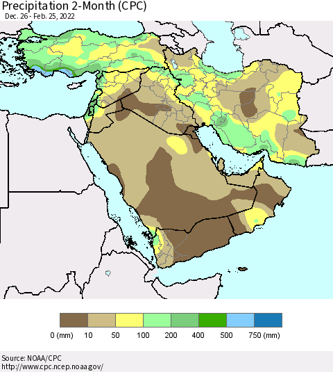 Middle East and Turkey Precipitation 2-Month (CPC) Thematic Map For 12/26/2021 - 2/25/2022