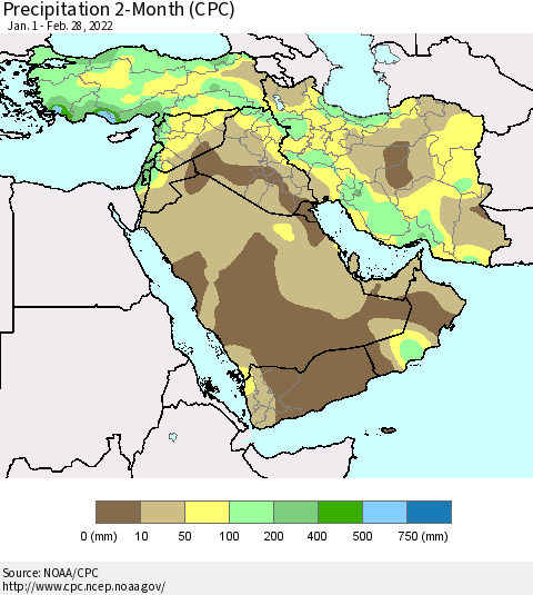 Middle East and Turkey Precipitation 2-Month (CPC) Thematic Map For 1/1/2022 - 2/28/2022