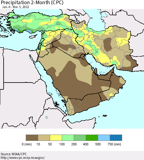 Middle East and Turkey Precipitation 2-Month (CPC) Thematic Map For 1/6/2022 - 3/5/2022