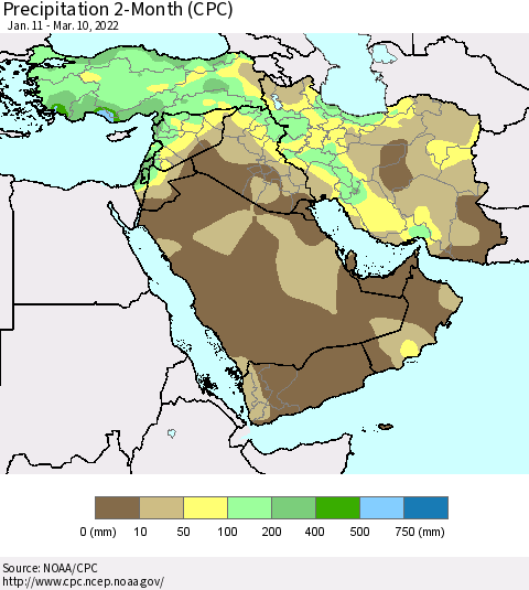 Middle East and Turkey Precipitation 2-Month (CPC) Thematic Map For 1/11/2022 - 3/10/2022