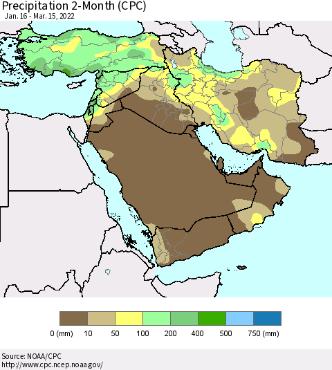 Middle East and Turkey Precipitation 2-Month (CPC) Thematic Map For 1/16/2022 - 3/15/2022