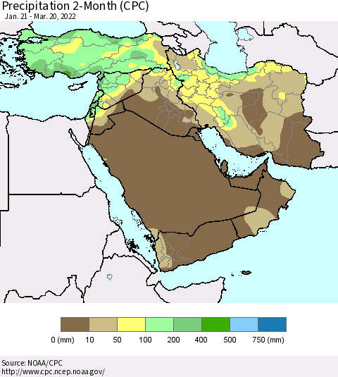 Middle East and Turkey Precipitation 2-Month (CPC) Thematic Map For 1/21/2022 - 3/20/2022