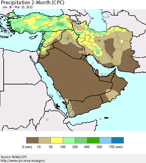 Middle East and Turkey Precipitation 2-Month (CPC) Thematic Map For 1/26/2022 - 3/25/2022