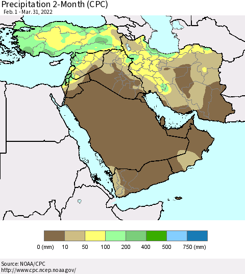 Middle East and Turkey Precipitation 2-Month (CPC) Thematic Map For 2/1/2022 - 3/31/2022