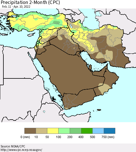 Middle East and Turkey Precipitation 2-Month (CPC) Thematic Map For 2/11/2022 - 4/10/2022
