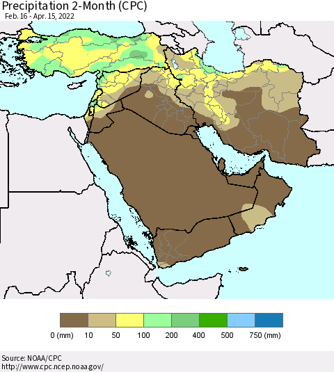 Middle East and Turkey Precipitation 2-Month (CPC) Thematic Map For 2/16/2022 - 4/15/2022
