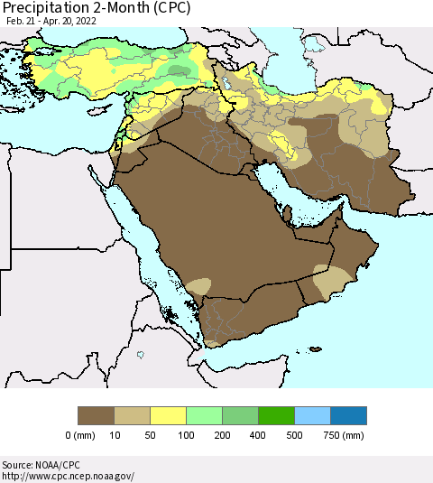Middle East and Turkey Precipitation 2-Month (CPC) Thematic Map For 2/21/2022 - 4/20/2022