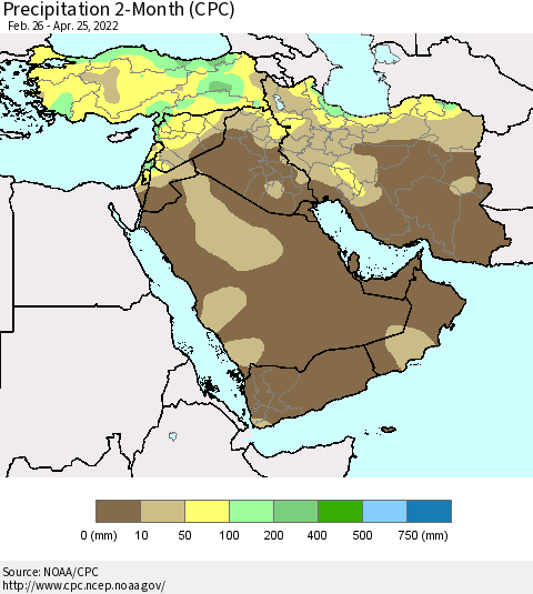Middle East and Turkey Precipitation 2-Month (CPC) Thematic Map For 2/26/2022 - 4/25/2022