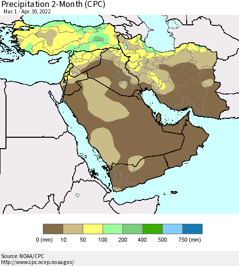 Middle East and Turkey Precipitation 2-Month (CPC) Thematic Map For 3/1/2022 - 4/30/2022