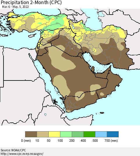 Middle East and Turkey Precipitation 2-Month (CPC) Thematic Map For 3/6/2022 - 5/5/2022