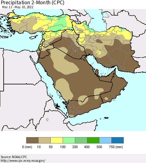 Middle East and Turkey Precipitation 2-Month (CPC) Thematic Map For 3/11/2022 - 5/10/2022